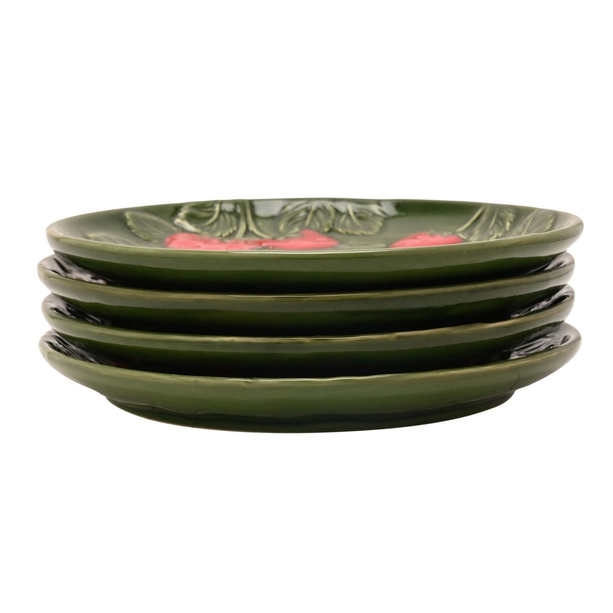 Round Raised Strawberry & Leaves Ceramic Side Plate - Green