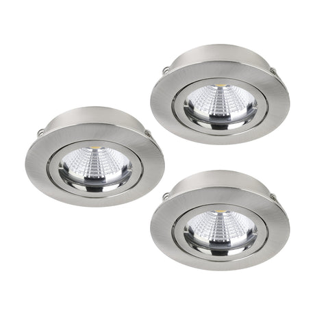 Set of three round recessed downlights in brushed satin nickel with aluminium bodies and tilting inner rings, shown on a plain white background.