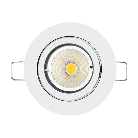 Tedo round recessed downlight in white aluminium with tiltable inner ring and chrome spring clips, fitted with a GU10 bulb, shown on a plain white background.