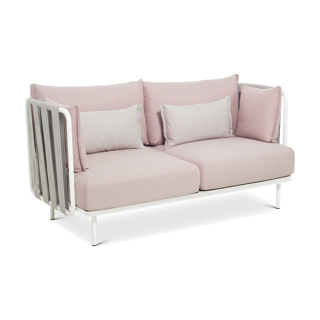 Teja Rope 2 Seater Garden Sofa with white aluminium frame, rope-wrapped arms, pink seat cushions and contrasting grey scatter cushions on a plain white background.