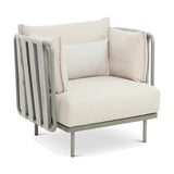 Teja rope garden armchair with grey aluminium frame, vertical rope-wrapped sides, and cream and beige cushions, shown on a plain white background.