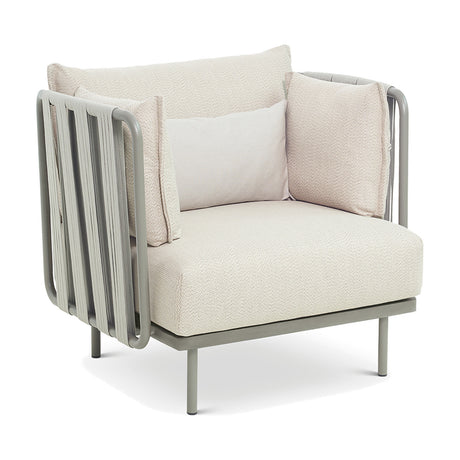Teja rope garden armchair with grey aluminium frame, vertical rope-wrapped sides, and cream and beige cushions, shown on a plain white background.
