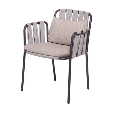 Teja Rope Garden Dining Armchair with slim anthracite aluminium frame, woven beige rope back, arms and sides, and matching cushioned seat, shown on a plain white background.