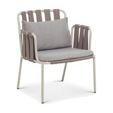 Teja Rope Garden Lounge Chair with beige aluminium frame, woven brown rope back and sides, and grey seat and back cushions, shown on a plain white background.