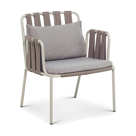 Teja Rope Garden Lounge Chair with beige aluminium frame, woven brown rope back and sides, and grey seat and back cushions, shown on a plain white background.
