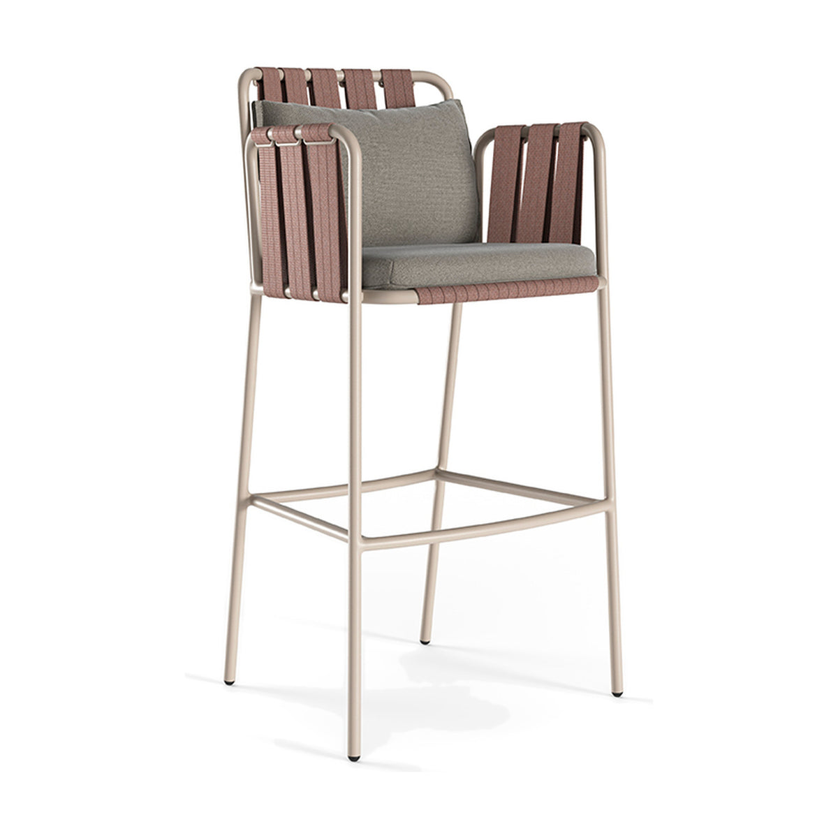 Teja Rope Outdoor Bar Stool with armrests, featuring a beige aluminium frame, woven rust-coloured rope back and arms, and grey seat and back cushions, shown on a plain white background.