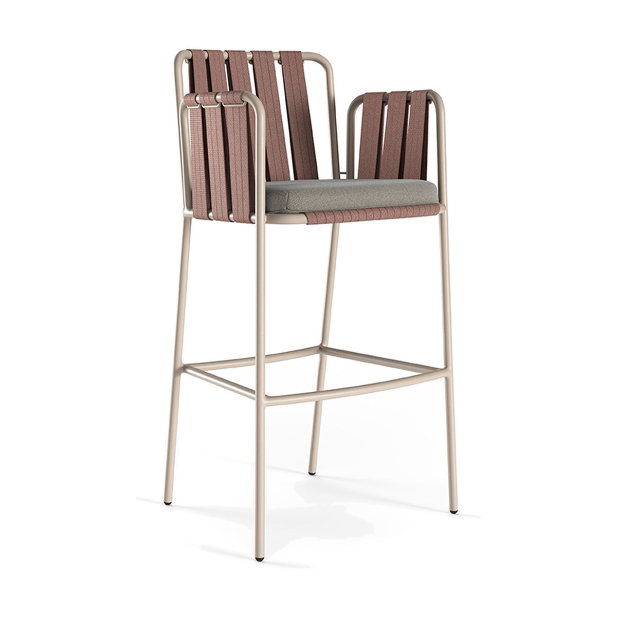 Teja Rope Outdoor Bar Stool with arms, featuring a beige aluminium frame, hand-woven brown rope backrest and sides, and a grey seat cushion, shown on a plain white background.