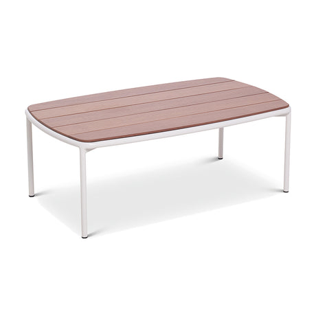 Teja Aluminium Outdoor Coffee Table, 120 x 70cm, with a bowed rectangular wood-effect top on a white aluminium frame with slender straight legs, shown on a plain white background.