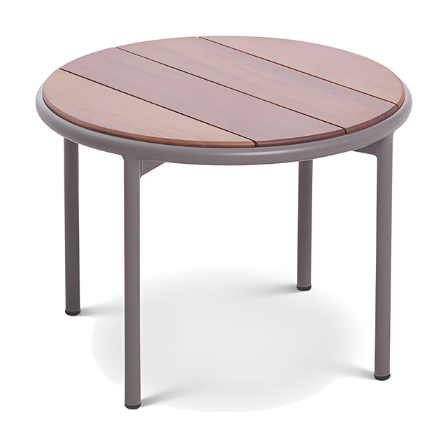 Teja round aluminium garden side table, Ø60cm, with slatted wood-effect top and grey powder-coated frame on four round legs, shown on a plain white background.