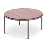 Teja round outdoor coffee table, Ø90cm, with three-panel wood-effect top and slim aluminium legs in a grey finish, shown on a plain white background.