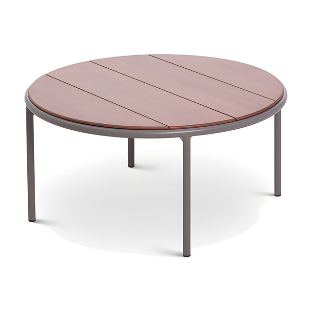 Teja round outdoor coffee table, Ø90cm, with three-panel wood-effect top and slim aluminium legs in a grey finish, shown on a plain white background.