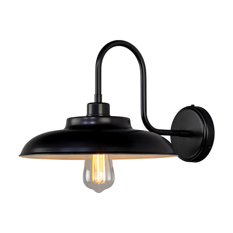Telal Swan Neck Wall Light in matte black, featuring a curved swan neck arm from a round wall plate down to a wide, shallow shade with an exposed E27 bulb, shown on a plain white background.