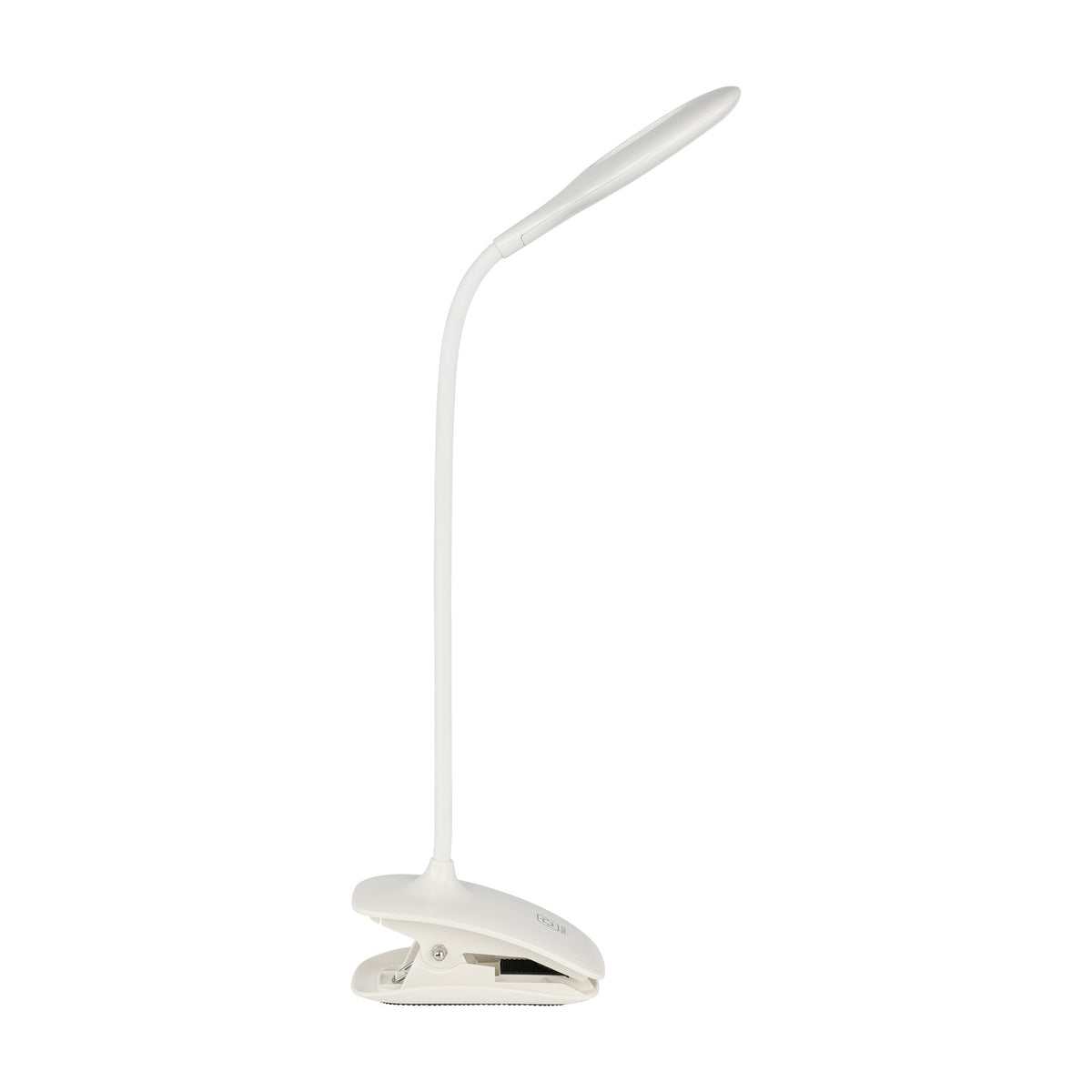 Telarne Clamp Lamp 42cm in white plastic, featuring a flexible gooseneck, ring-shaped LED head and spring clip base, shown on a plain white background.