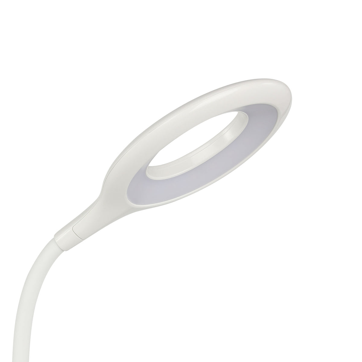 Close-up of the Telarne Clamp Lamp 42cm in white plastic, showing the ring-shaped LED head on a flexible gooseneck, set against a plain white background.