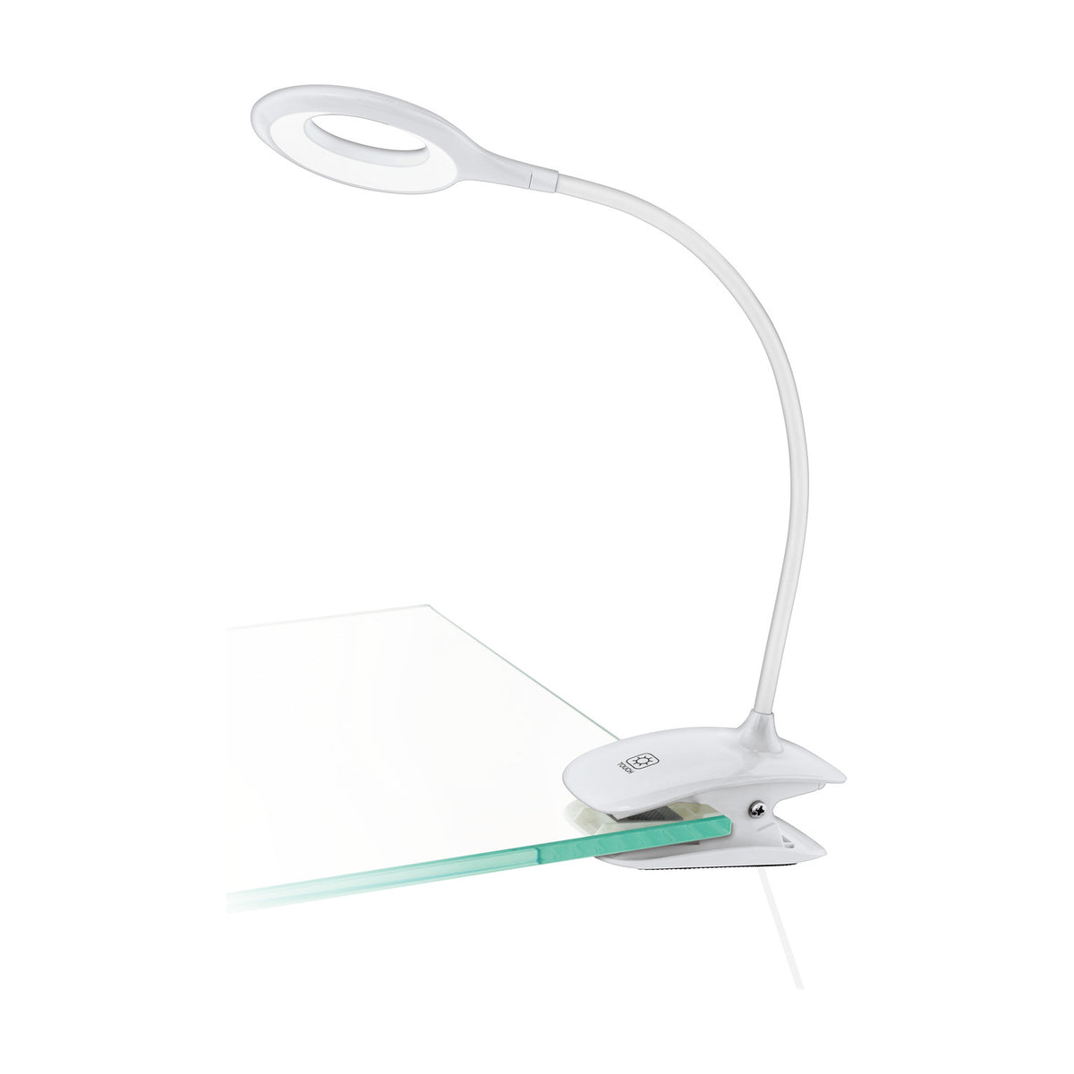 Telarne Clamp Lamp 42cm in white plastic with a flexible gooseneck and ring-shaped LED head, clipped onto a glass desk edge against a plain background.