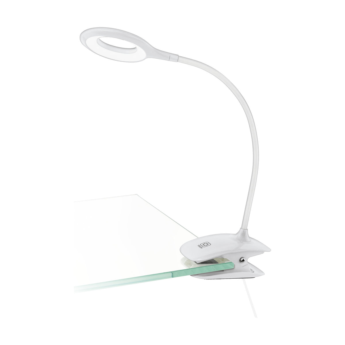 Telarne Clamp Lamp in white plastic, 47cm high with a flexible gooseneck arm, ring-shaped LED head and desk clamp, shown clipped to a glass desk edge on a white background.