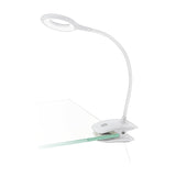 Telarne Clamp Lamp in white plastic, 47cm high with a flexible gooseneck arm, ring-shaped LED head and desk clamp, shown clipped to a glass desk edge on a white background.