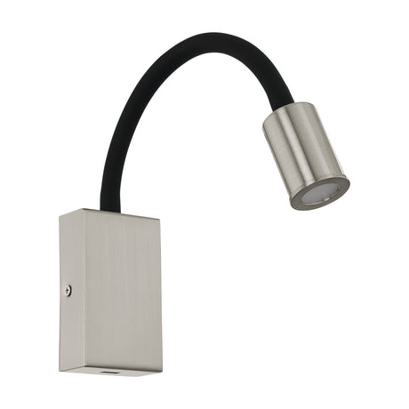 Telmena LED wall light with a rectangular satin nickel back box, flexible black gooseneck arm and cylindrical satin nickel spotlight head, shown on a plain white background.