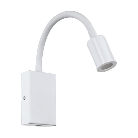 Telmena LED Wall Light in white, featuring a flexible gooseneck arm, cylindrical reading head, and rectangular wall-mounted base, shown on a plain white background.