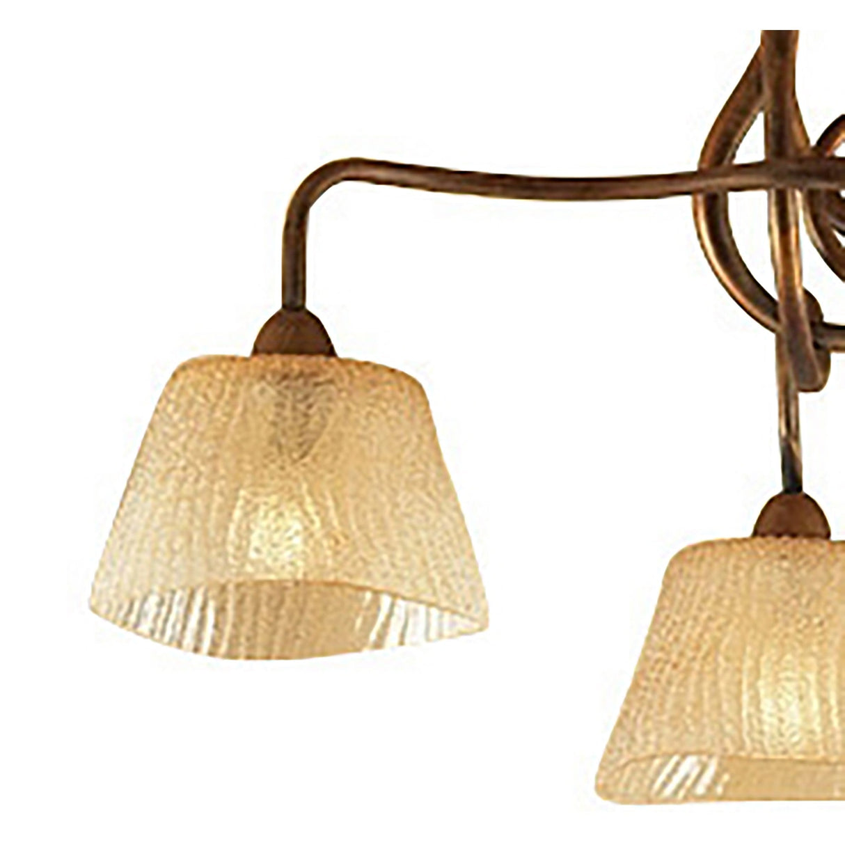Close-up of the Mantra Tentacle 3 Light Semi-Flush Ceiling Light in rustic gold, showing curved metal arms and frosted amber glass shades on a white background.