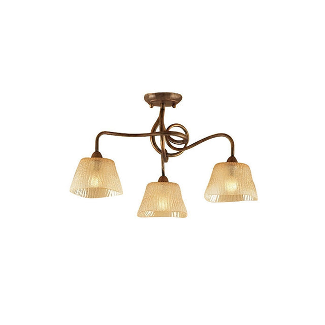 Mantra Tentacle 3 light semi-flush ceiling light with rustic gold curved arms and frosted amber glass shades on a white background.