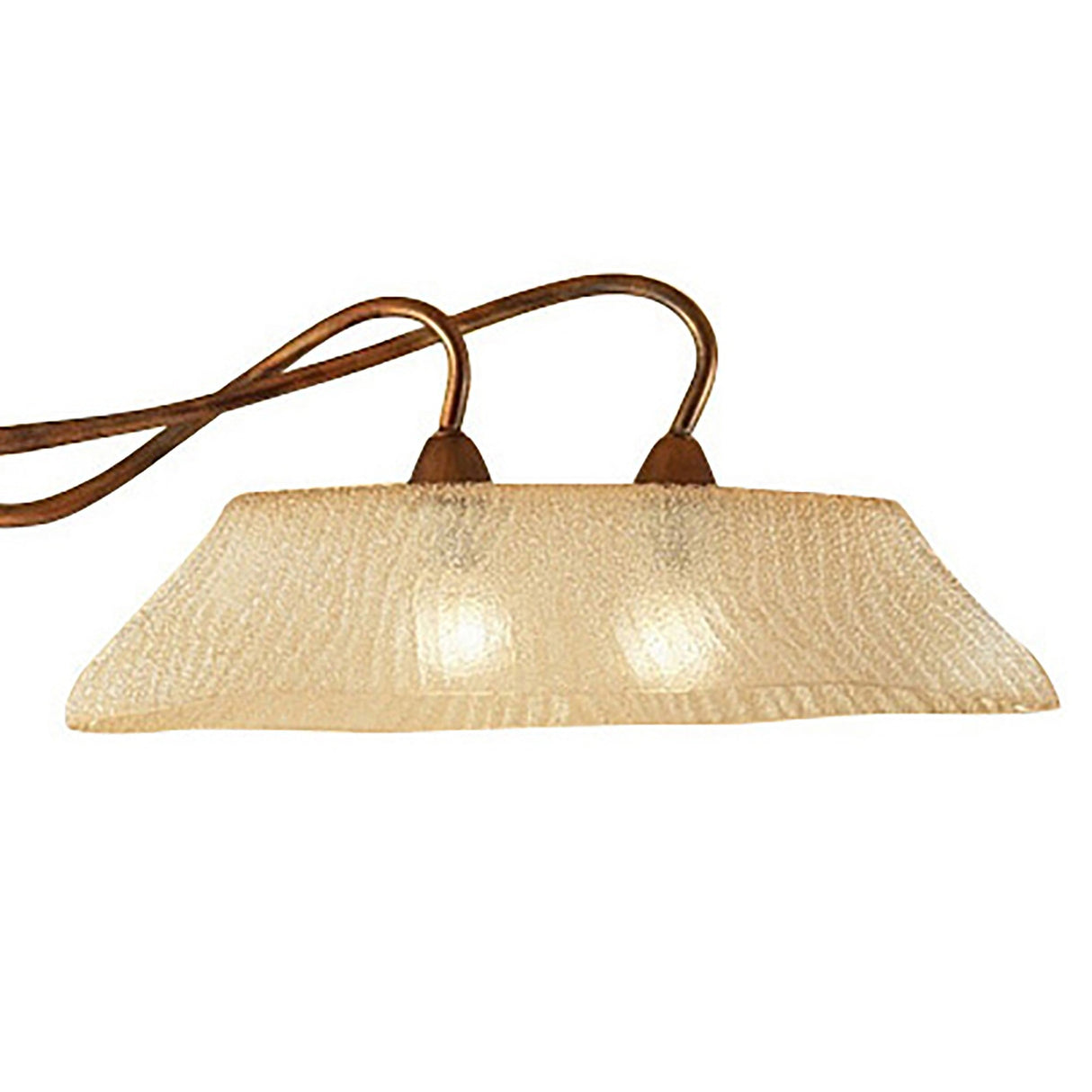 Mantra Tentacle 2 light semi-flush ceiling light with curved rustic gold arms and textured amber glass shade on a white background.