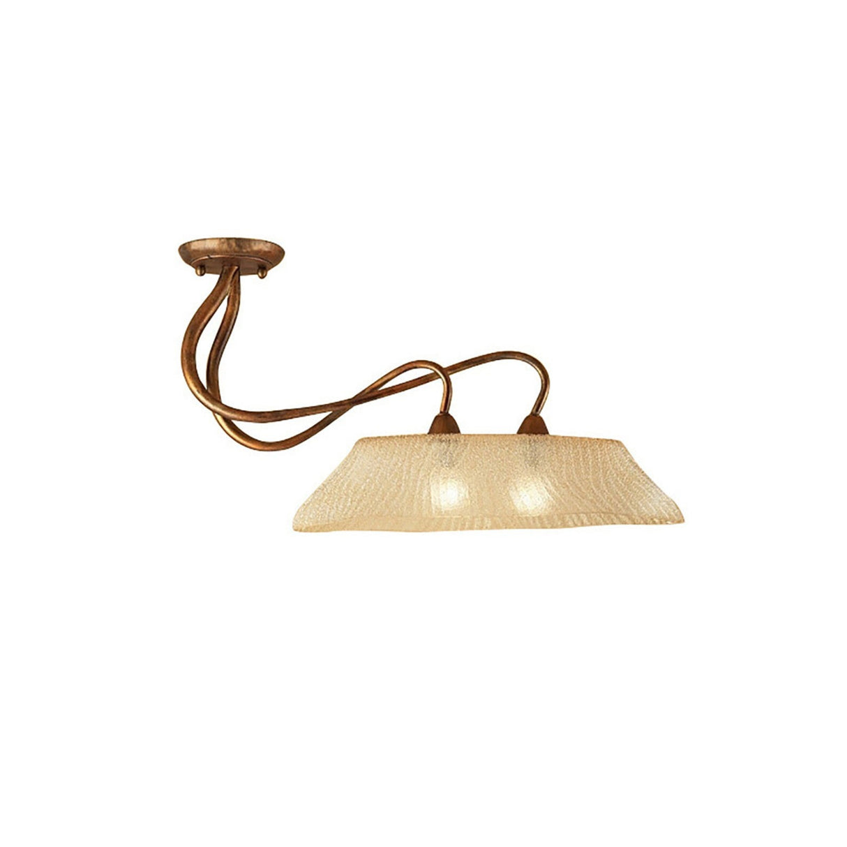 Mantra Tentacle 2 light semi-flush ceiling light with curved rustic gold arms and a frosted amber glass shade, shown on a white background.