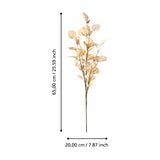 Tepaling artificial leaf branch in beige, showing round eucalyptus-style leaves with brown veining on a thin stem, with dimensions 65cm height and 20cm width marked, on a white background.