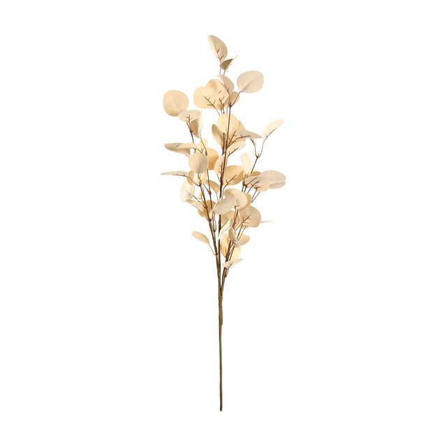 Tepaling Artificial Leaf Branch in beige, a single stem with round, eucalyptus-style leaves and fine brown veining on slender branching stems, set against a plain white background.