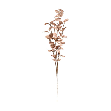 Tepaling Artificial Leaf Spray in Peach, a single faux stem with branching brown stems and rounded, eucalyptus-style leaves in dusty peach, shown against a plain white background.