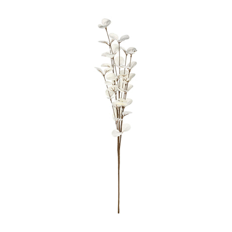 Tepaling Artificial Leaf Spray in white, a single stem with rounded paired leaves on slender brown branches, shown against a plain white background.