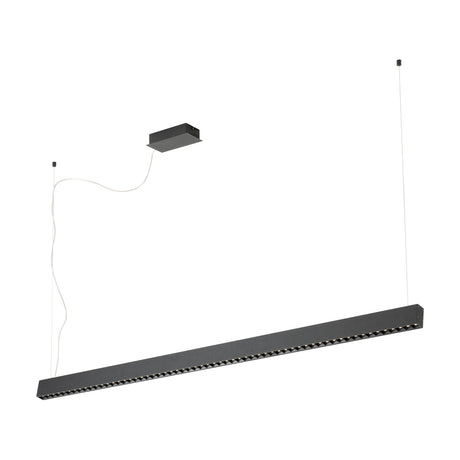 Termini Pendant Light 159cm in black steel, a slim linear bar with louvred LED cells, suspended from a rectangular ceiling canopy on fine wires against a plain white background.