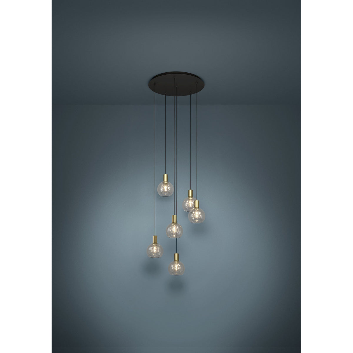 Terque Clear Glass 6 Light Pendant - Black & Brushed Brass