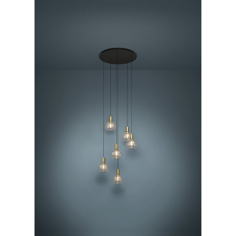 Terque Clear Glass 6 Light Pendant - Black & Brushed Brass