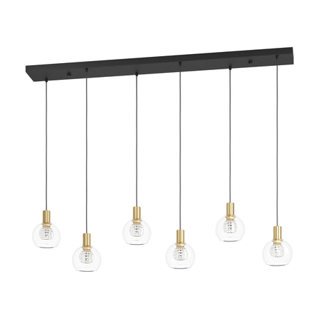 Terque six-light linear pendant with a black steel ceiling bar, slim cords, and clear glass globe shades held by brushed brass fittings, shown on a plain white background.
