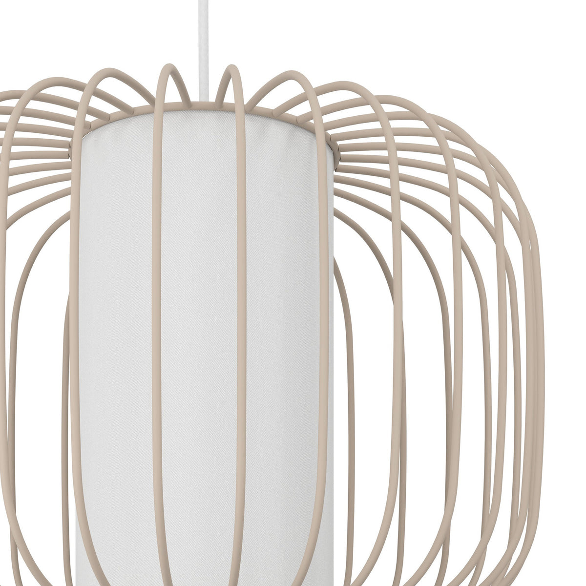 Close-up of the Terrarosa fabric pendant light in sand, showing the white cylindrical fabric shade encased in an open cage of slim steel rods against a plain background.