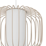 Close-up of the Terrarosa fabric pendant light in sand, showing the white cylindrical fabric shade encased in an open cage of slim steel rods against a plain background.