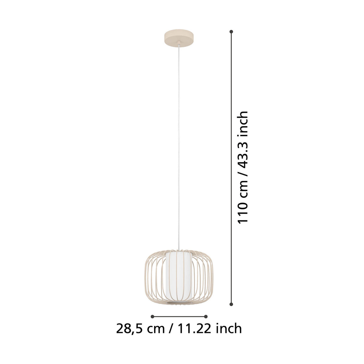 Terrarosa fabric pendant light in sand, with a white fabric shade inside a slim steel rod cage and matching ceiling canopy, shown with dimensions 28.5cm wide and 110cm high on a white background.