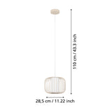 Terrarosa fabric pendant light in sand, with a white fabric shade inside a slim steel rod cage and matching ceiling canopy, shown with dimensions 28.5cm wide and 110cm high on a white background.