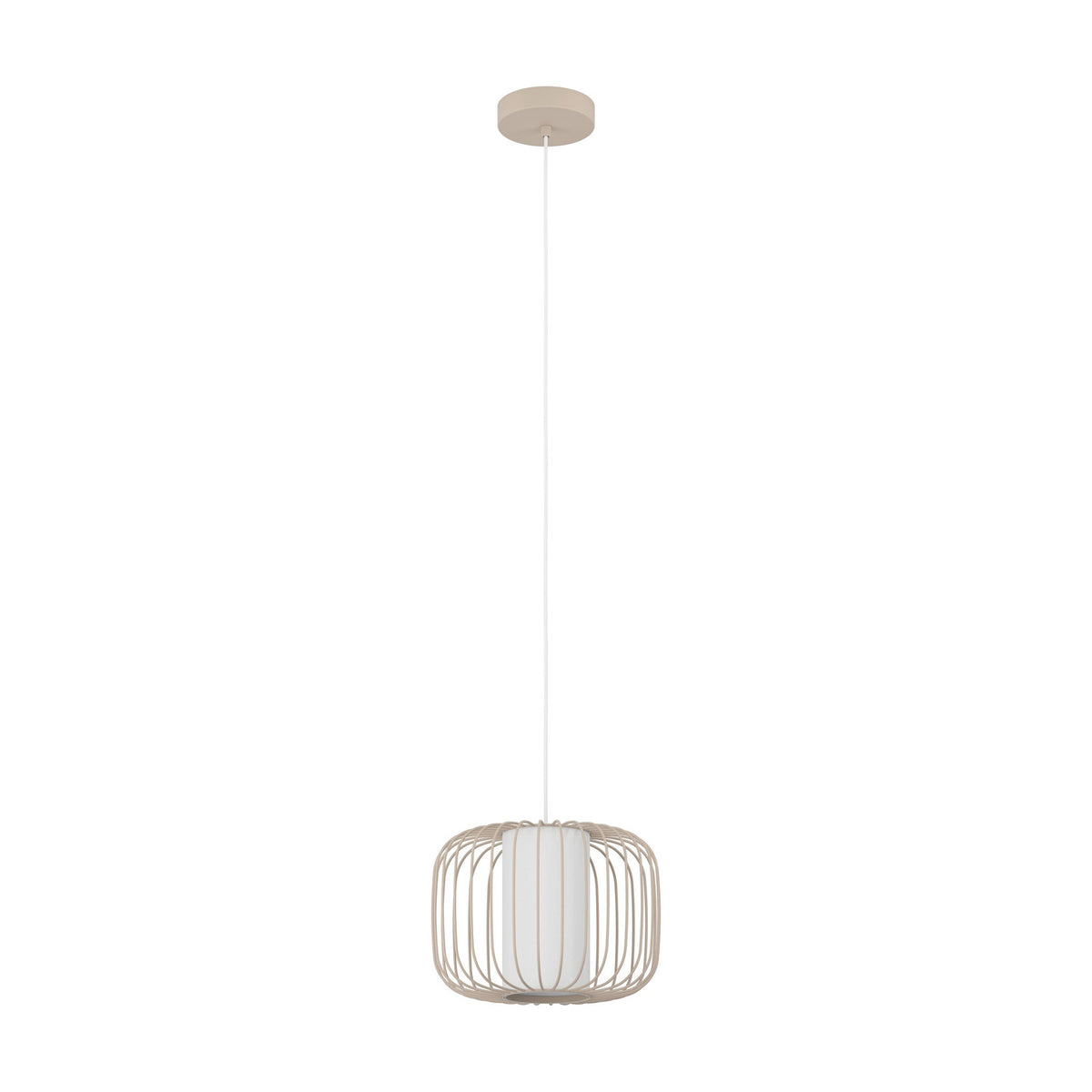 Terrarosa fabric pendant light in sand, a round steel rod cage with white fabric inner shade and matching ceiling canopy, shown on a plain white background.