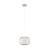 Terrarosa fabric pendant light in sand, a round steel rod cage with white fabric inner shade and matching ceiling canopy, shown on a plain white background.