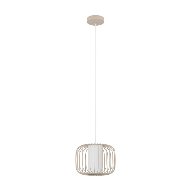 Terrarosa fabric pendant light in sand, a round steel rod cage with white fabric inner shade and matching ceiling canopy, shown on a plain white background.