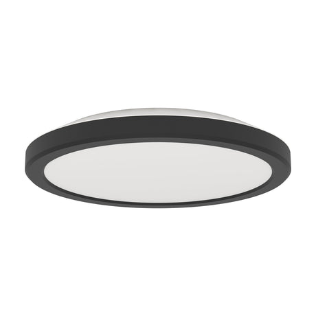 Testara-E LED flush ceiling light, 21.1cm round fixture with black rim and white opal diffuser, warm white integrated LED, shown on a plain white background.