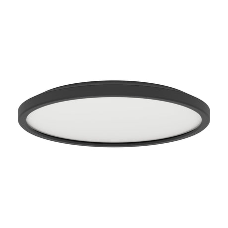 Testara-E 30cm round LED flush ceiling light with a black plastic rim and white diffuser, cool white finish, shown on a plain white background.