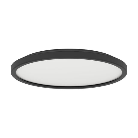 Testara-E LED flush ceiling light, round 30cm design with black plastic body and white plastic diffuser, warm white light, shown on a plain white background.
