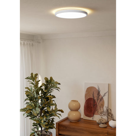 Testara-E LED Flush Ceiling Light, 30cm round white plastic disc with warm white glow, shown mounted on a hallway ceiling above a sideboard with decor.