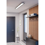 Tesvelle LED Panel Light, a slim rectangular ceiling fixture with black steel frame and white diffuser, shown illuminated above a hallway with wood slat wall and dark door.