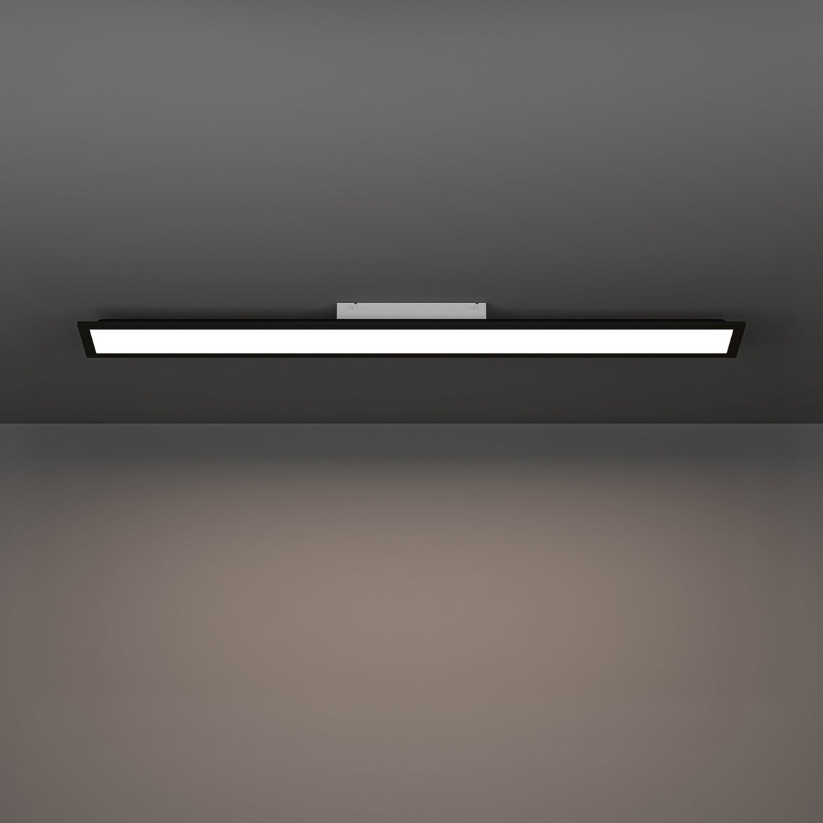 Tesvelle LED Panel Light, a slim 119.5 x 14.5cm rectangular ceiling fixture with black steel frame and white diffuser, mounted flush on a grey ceiling.