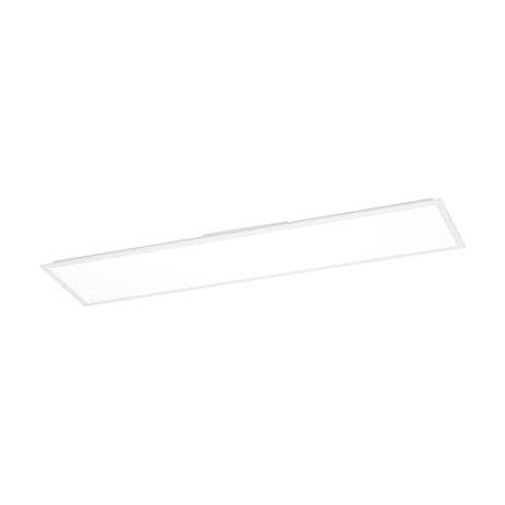 Tesvelle LED ceiling panel light, 119.5 x 29.5cm rectangular white steel body with illuminated plastic face, shown at an angle on a plain white background.