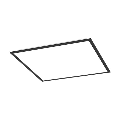 Tesvelle square LED ceiling panel light, 59.5 x 59.5cm, with slim black steel frame and white plastic diffuser, shown at an angle on a plain white background.